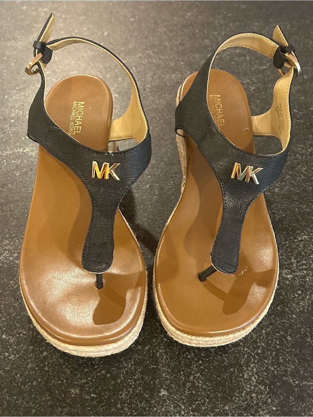Michael Kors Black and Brown MK Espadrille Wedge Sandals